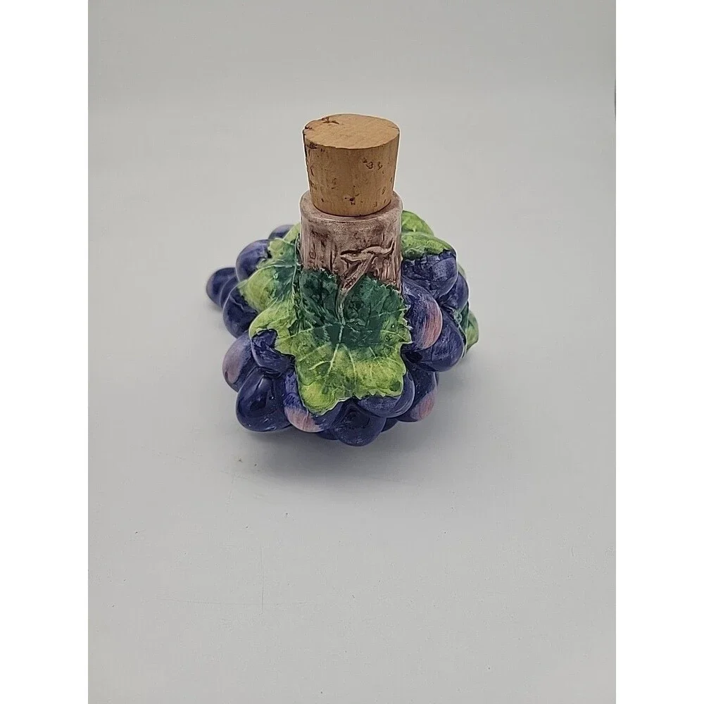 Mid Century Vintage Hand Painted Ceramic Grape Cluster Cork Wine Decanters Italy